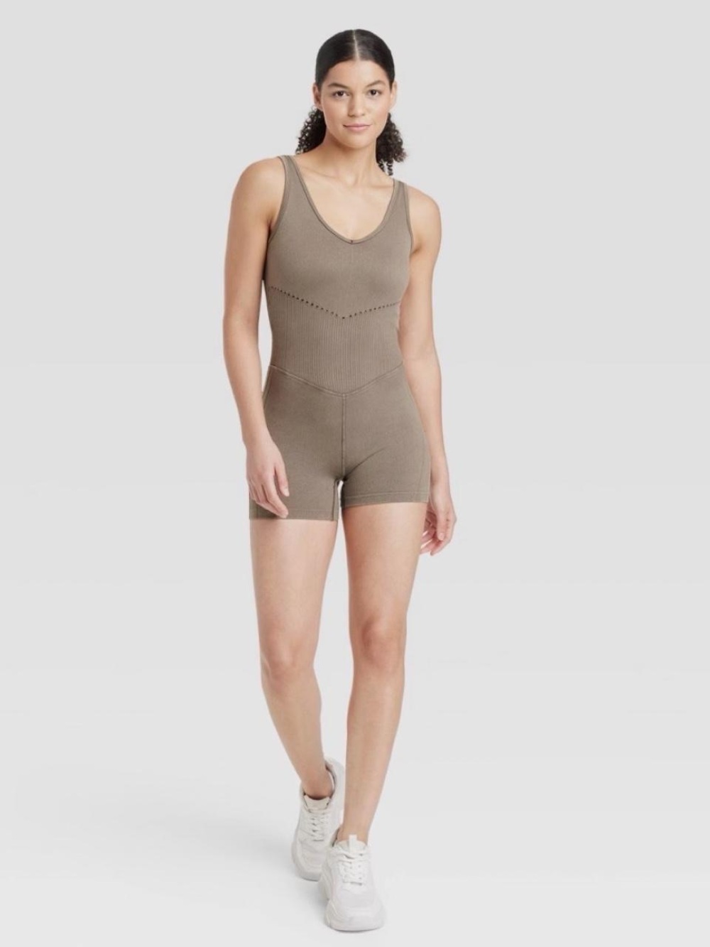 JoyLab Women’s Brown Ribbed V-Neck Tank Romper, Size Large NWOT